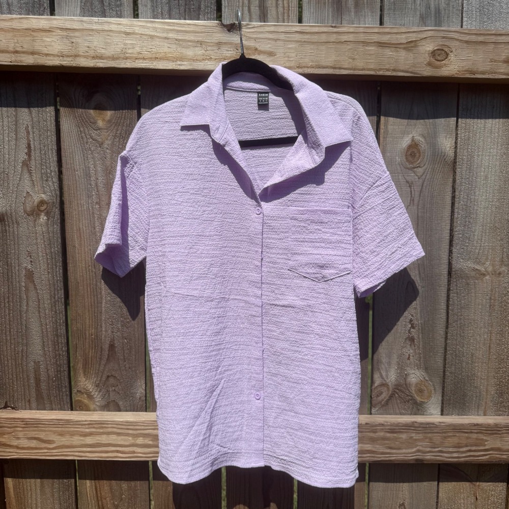 Shein Lavender Purple Crinkle Texture Button Down Short Sleeve Shirt Size Medium